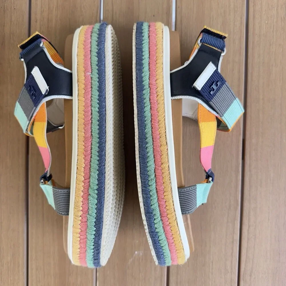 Tory Burch Sport Strappy Sandals Women 8.5M Nylon Webbing Leather Platform Multi